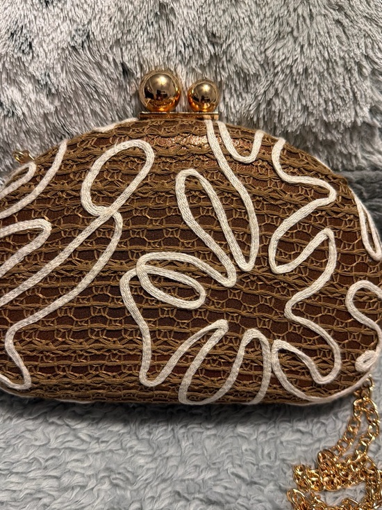 Haute Hippie Handbags - Haute Hippie Brown Woven Floral Applique Clutch Bag with Gold Hardware